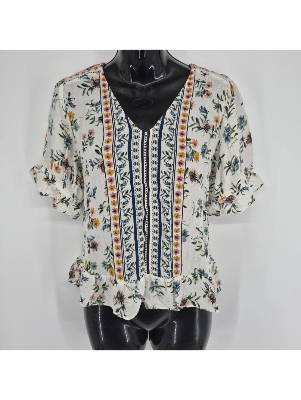 Lucky Brand Women’s M Short Sleeve Floral Ruffle Hem Blouse V-Neck Peasant Top
